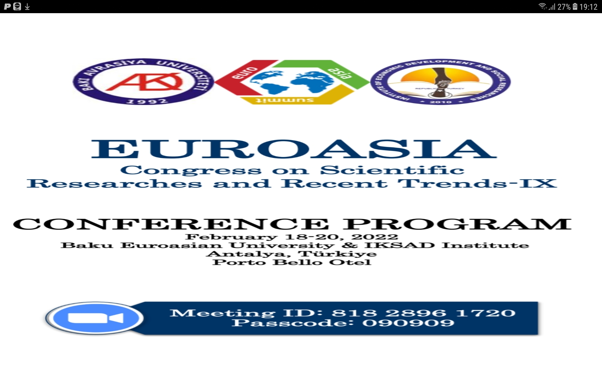 Congresul Euroasia de Cercetări Științifice și Tendințe Recente -IX – Antalia Turcia 18-20.02.22