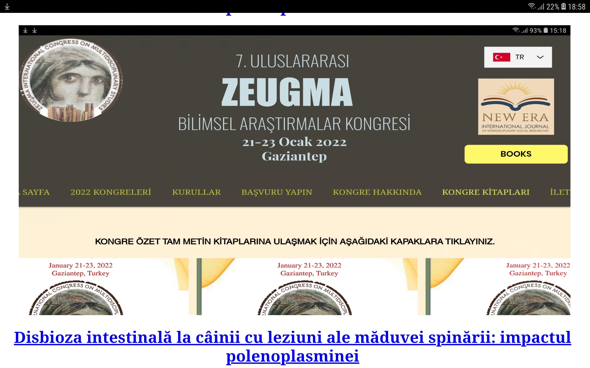 A 7 -a Conferință internațională Zeugma privind cercetarea științifică – Gaziantep Turcia 21.01.22