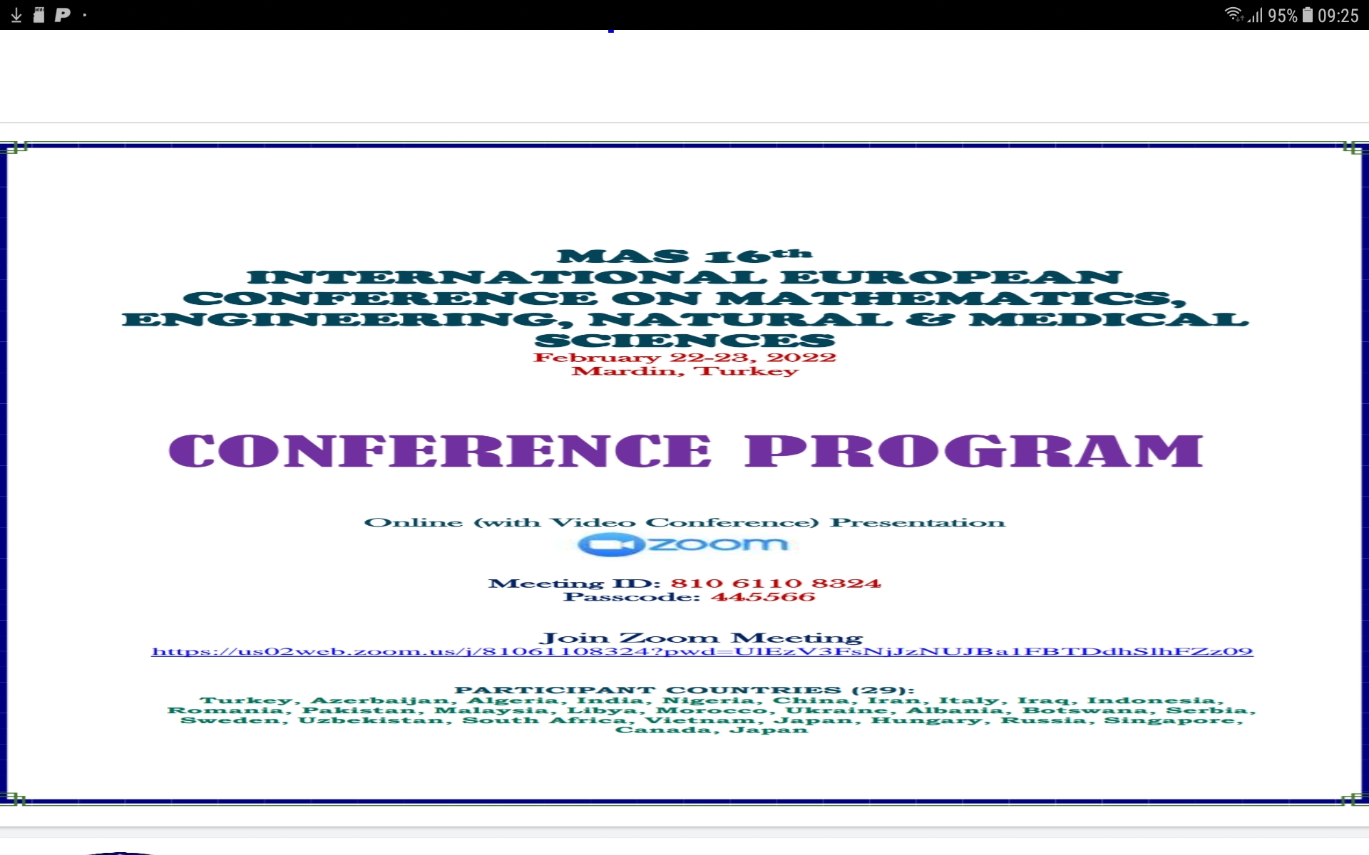 MAS a 16-a Conferință Internațională Europeană de Inginerie Matematică, Medicală Naturală, Științe -Mardin Turcia 22-23.02.22